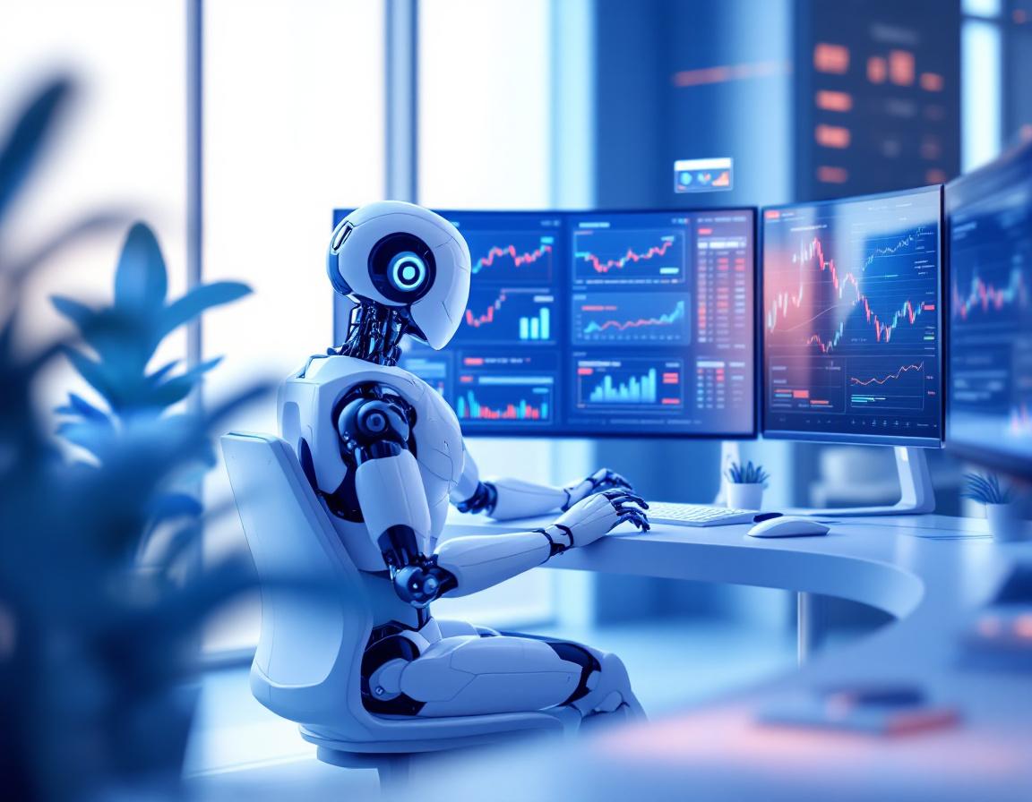 A futuristic AI trading bot at a high-tech workstation analyzes crypto data on multiple screens.