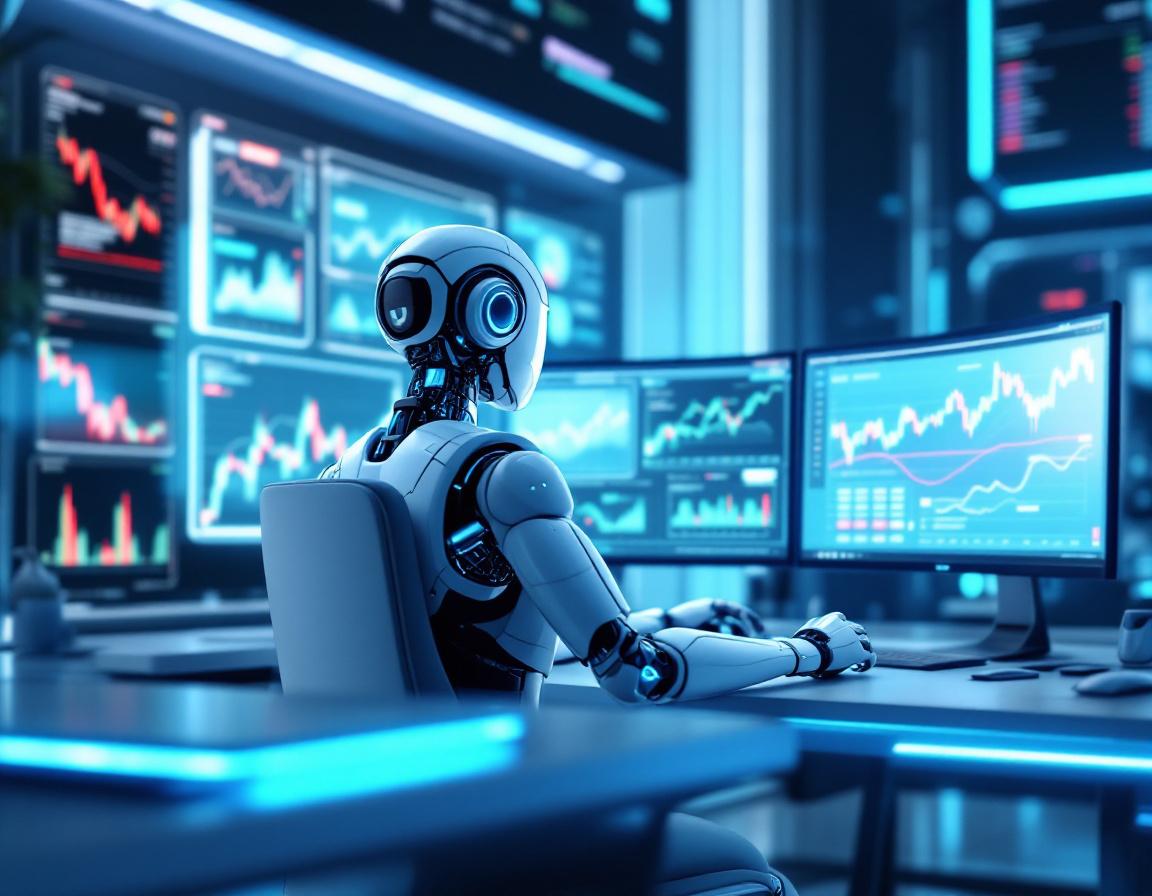 A futuristic AI trading bot at a high-tech workstation analyzing market data on multiple screens.