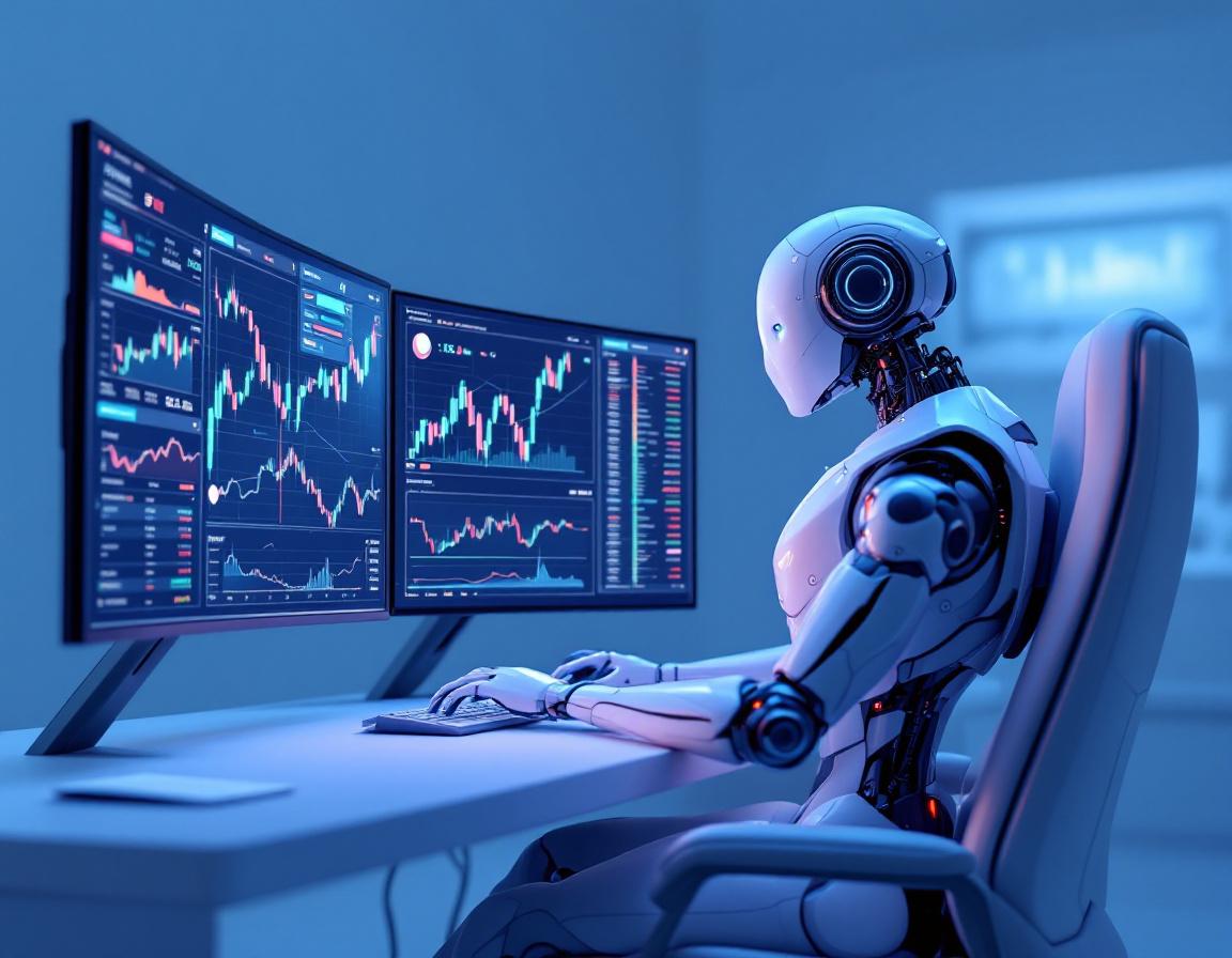 A hyper-realistic AI trading bot at a sleek workstation, analyzing market data on glowing screens.