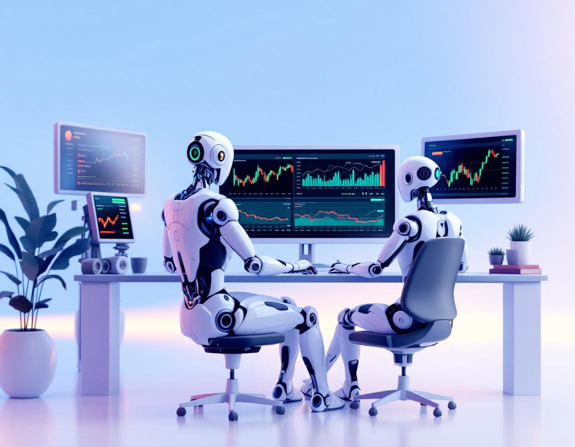 A humanoid AI trading bot analyzes market data at a high-tech workstation with multiple screens.