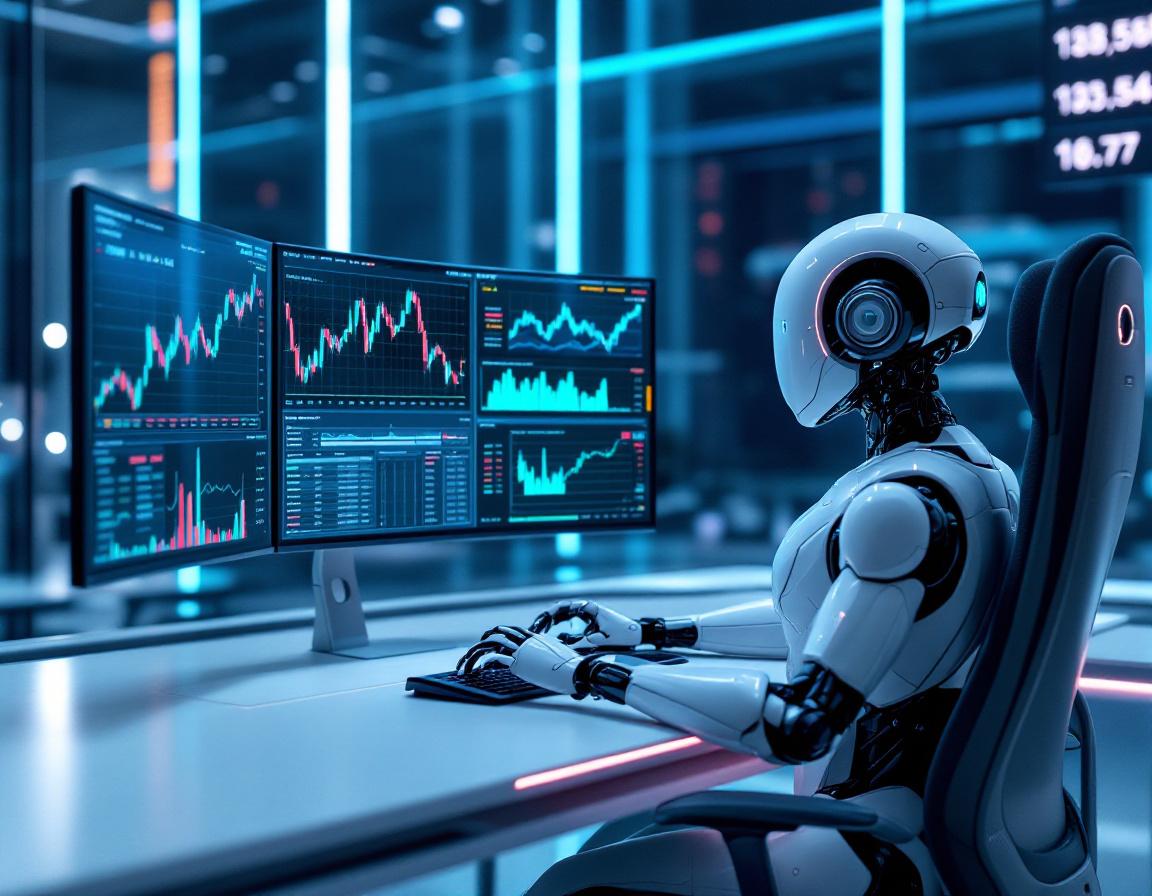 A humanoid AI trading bot at a workstation, analyzing data on screens with stock and crypto charts.