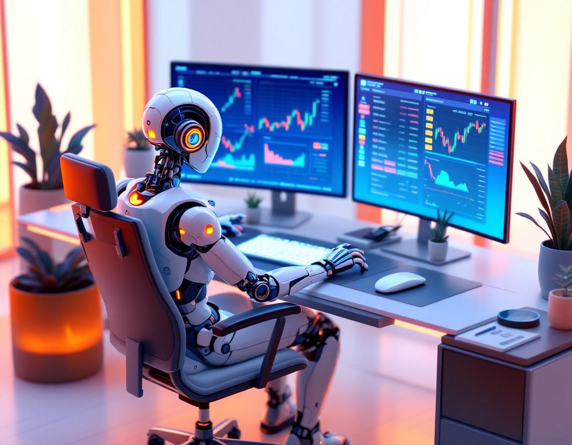 A hyper-realistic AI trading bot at a workstation analyzing market data on multiple glowing screens.