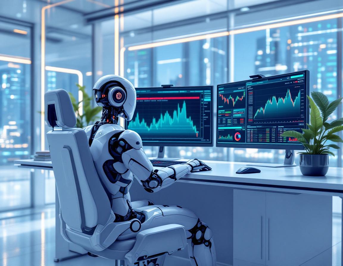 A hyper-realistic AI trading bot at a high-tech workstation analyzing crypto and stock market data.