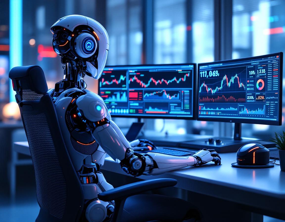 A humanoid AI trading bot at a high-tech workstation analyzes market data on multiple screens in 3D.
