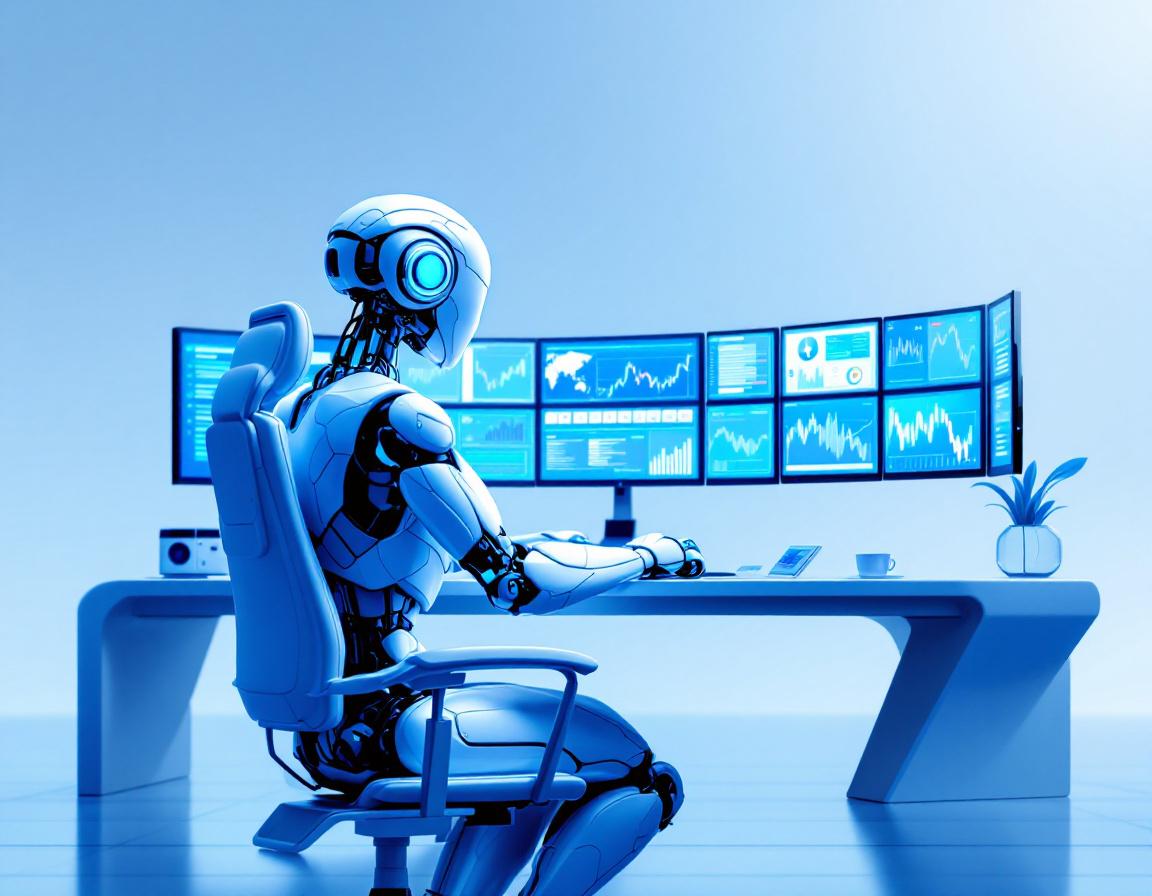 A hyper-realistic AI trading bot analyzes market data in a sleek workstation surrounded by screens.