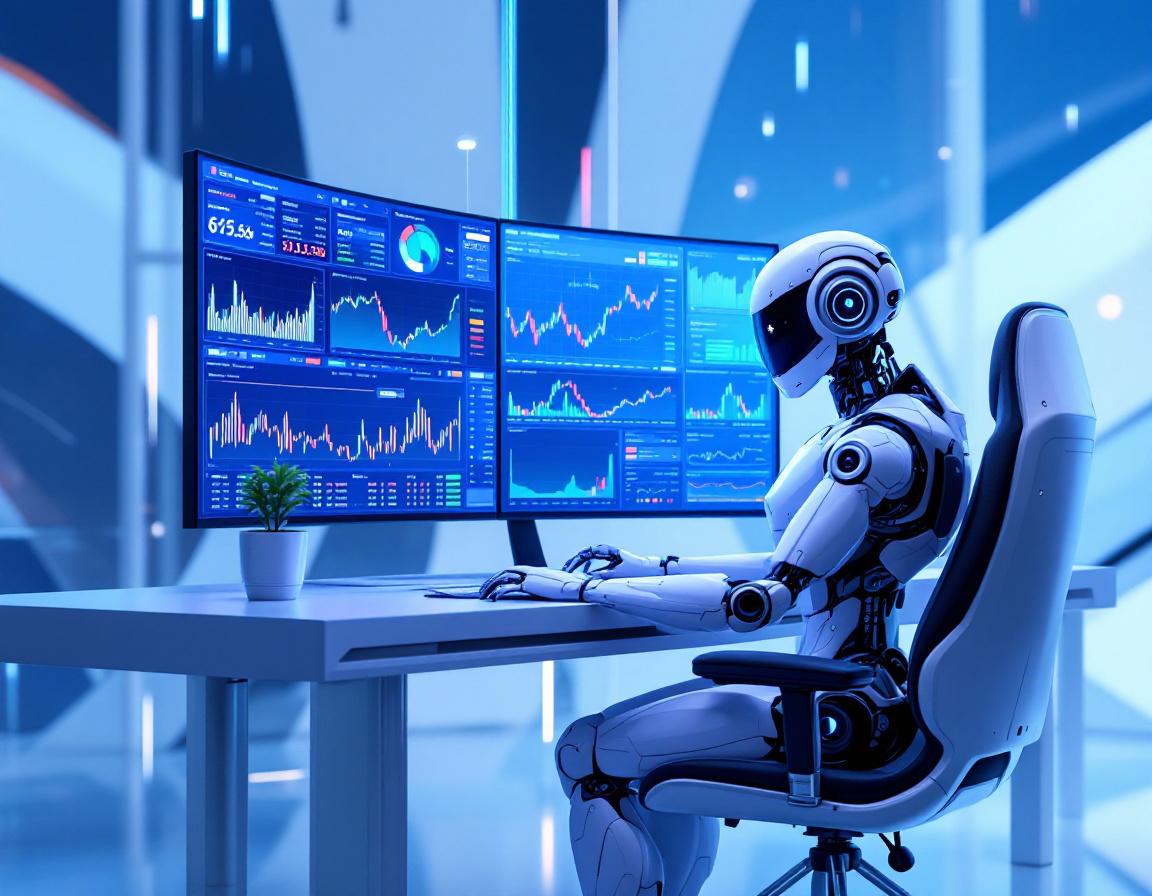 A hyper-realistic AI trading bot analyzes market data at a high-tech workstation amid neon lighting.