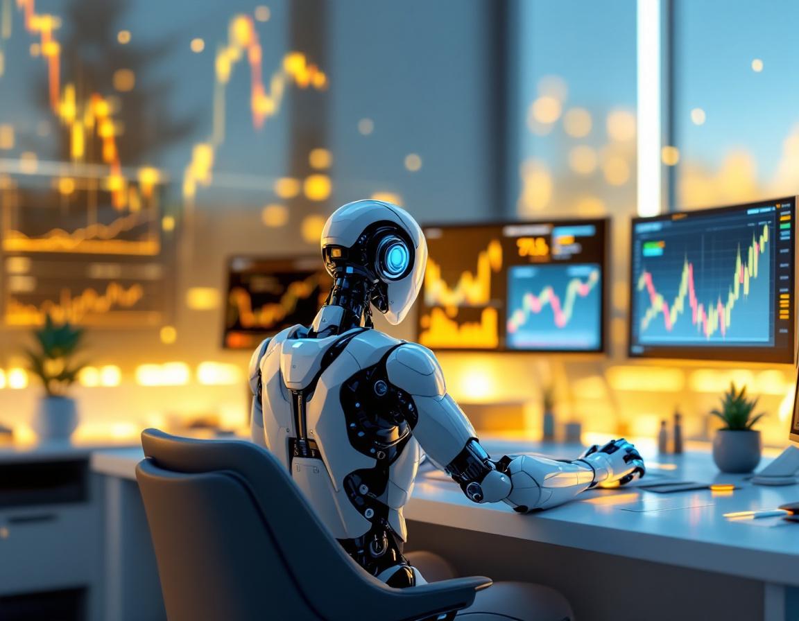 A humanoid AI trading bot at a sleek workstation analyzing live market data on multiple screens.