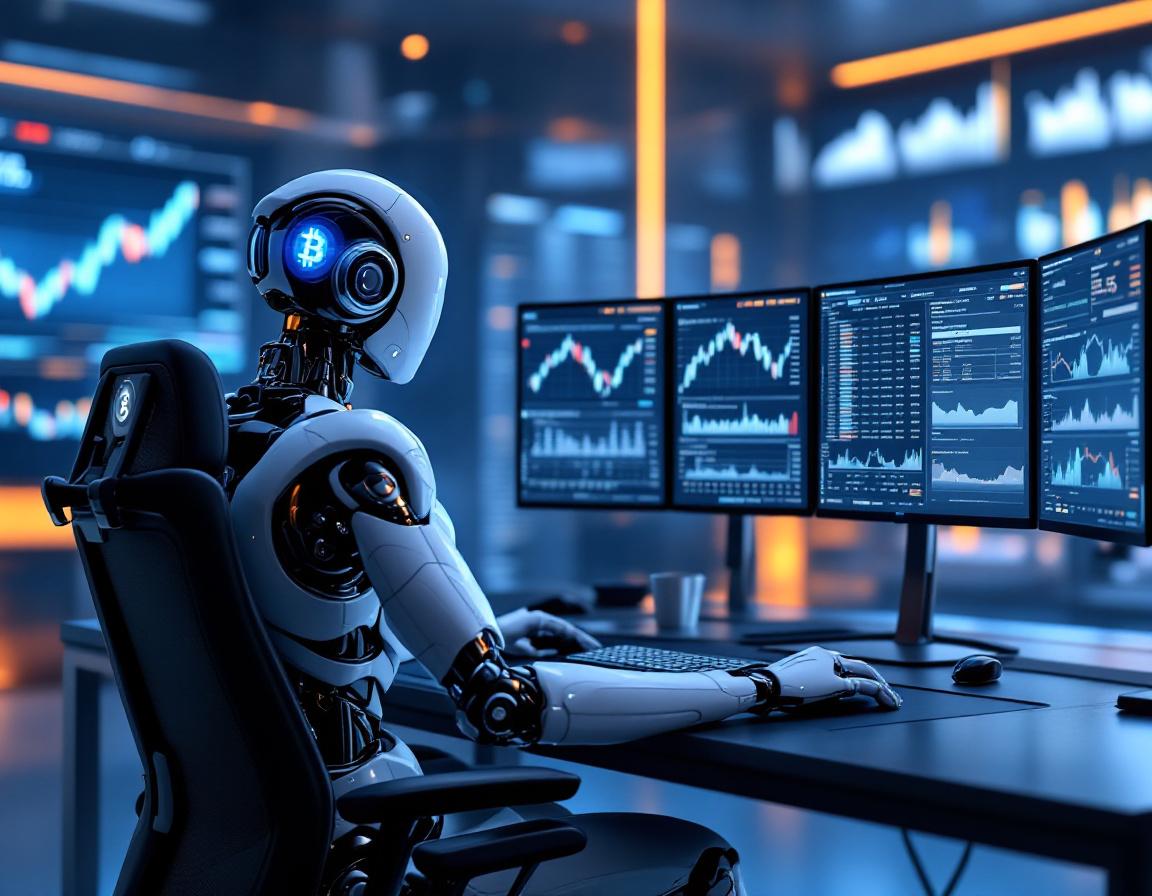 A humanoid AI trading bot analyzes market data at a sleek workstation with multiple vibrant screens.