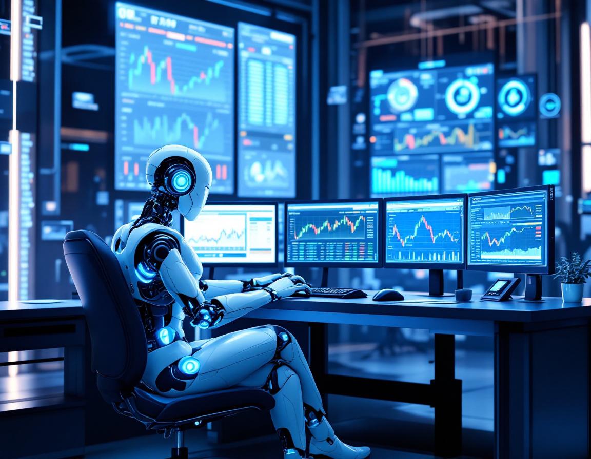 A hyper-realistic AI trading bot at a workstation, analyzing market data across multiple screens.