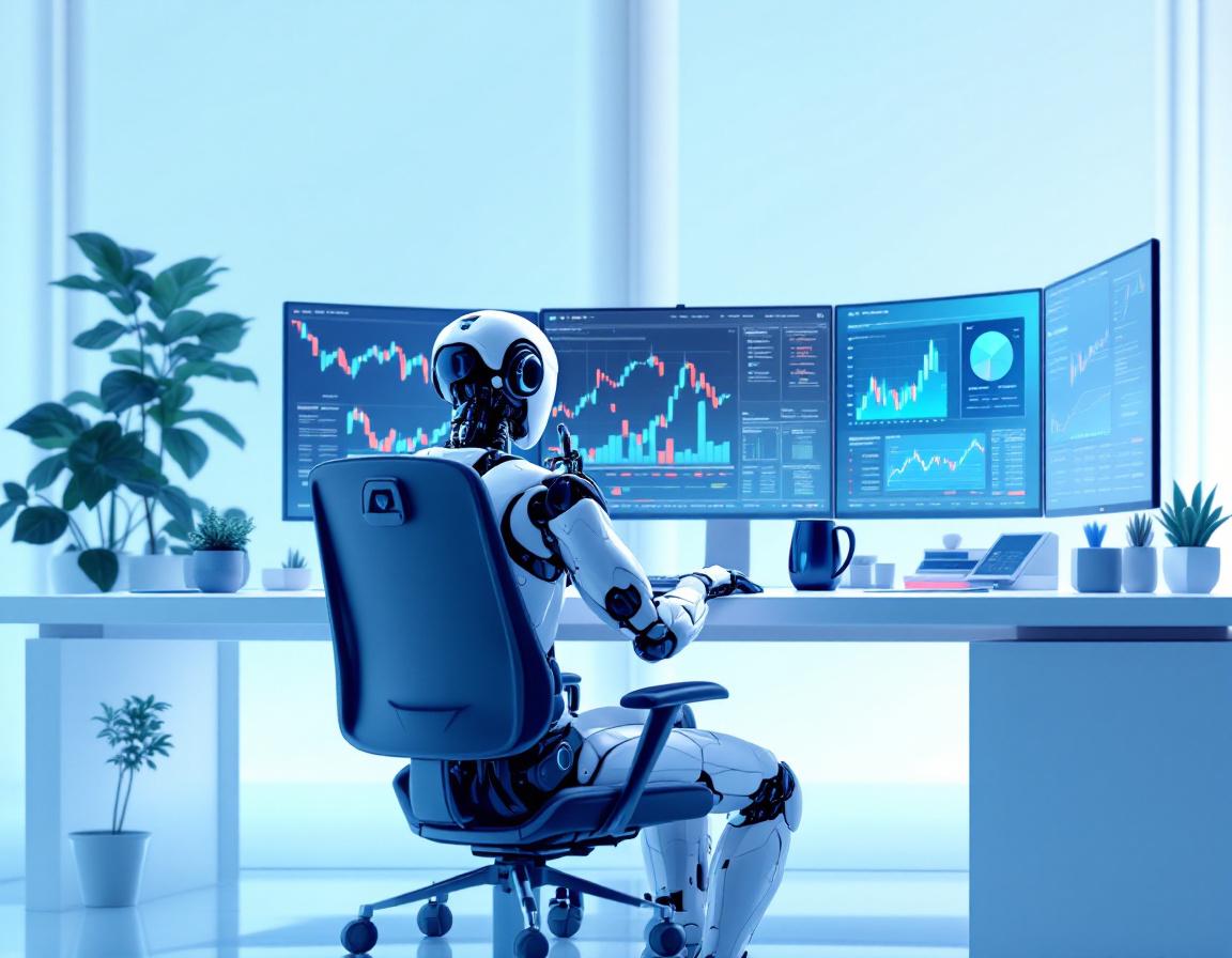 A hyper-realistic AI trading bot at a workstation analyzing market data on multiple glowing screens.