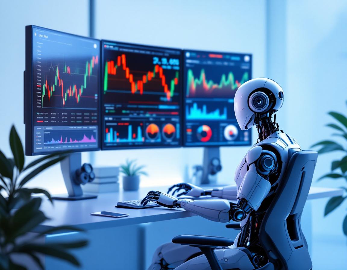 A hyper-realistic AI trading bot operates in a sleek workspace, analyzing data on multiple screens.