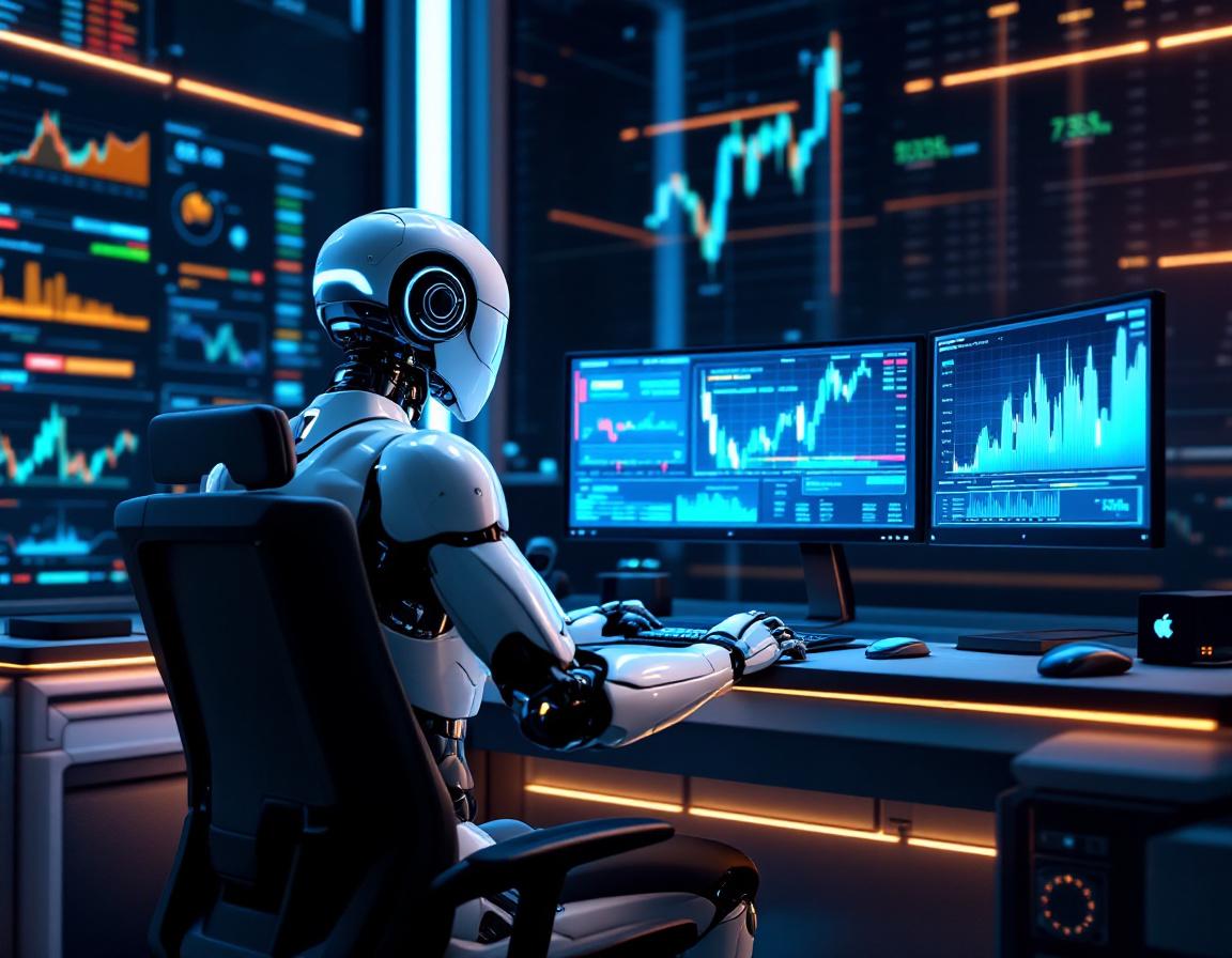 A humanoid AI trading bot analyzes market data at a high-tech workstation with glowing screens.