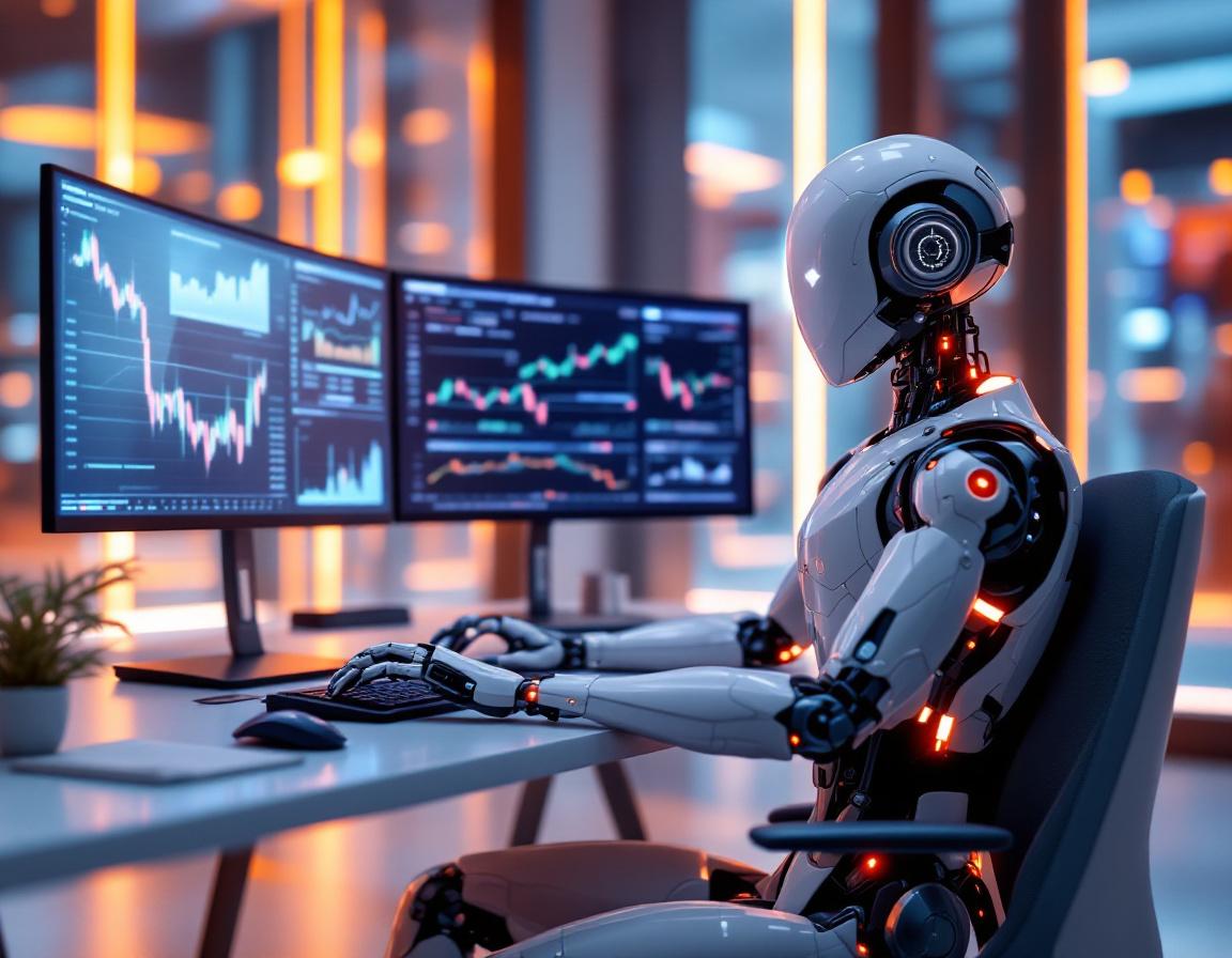 Hyper-realistic AI trading bot at high-tech workstation analyzing market data on multiple screens.