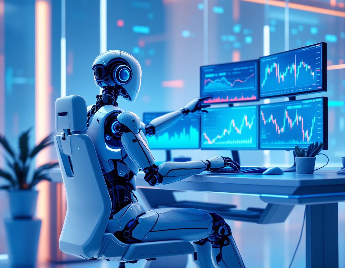 A humanoid AI trading bot analyzes market data at a high-tech workstation surrounded by screens.