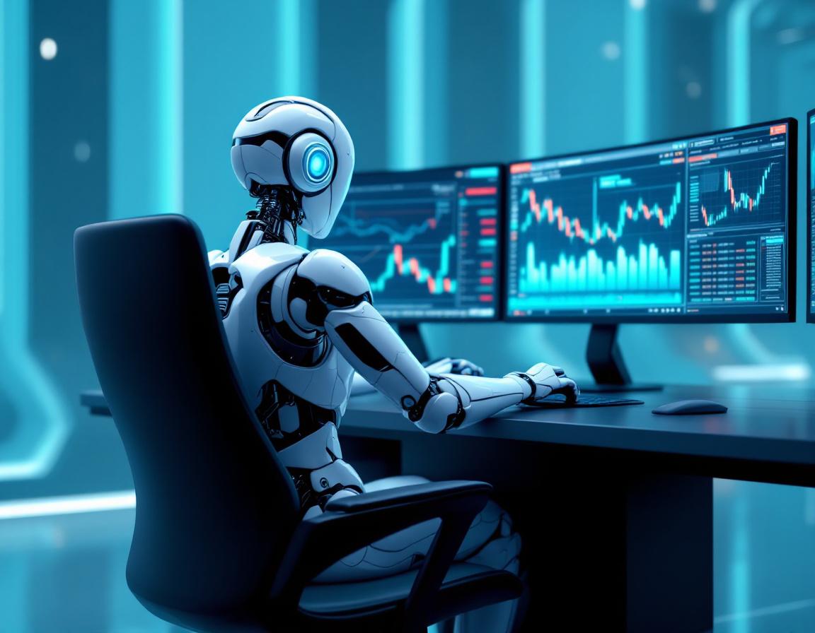 A humanoid AI trading bot analyzing market data at a high-tech workstation with multiple screens.