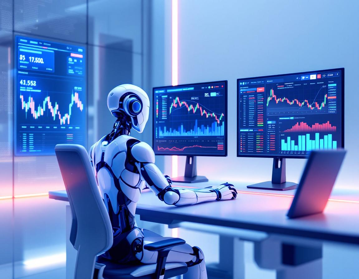 A hyper-realistic AI trading bot at a workstation, analyzing market data across multiple screens.
