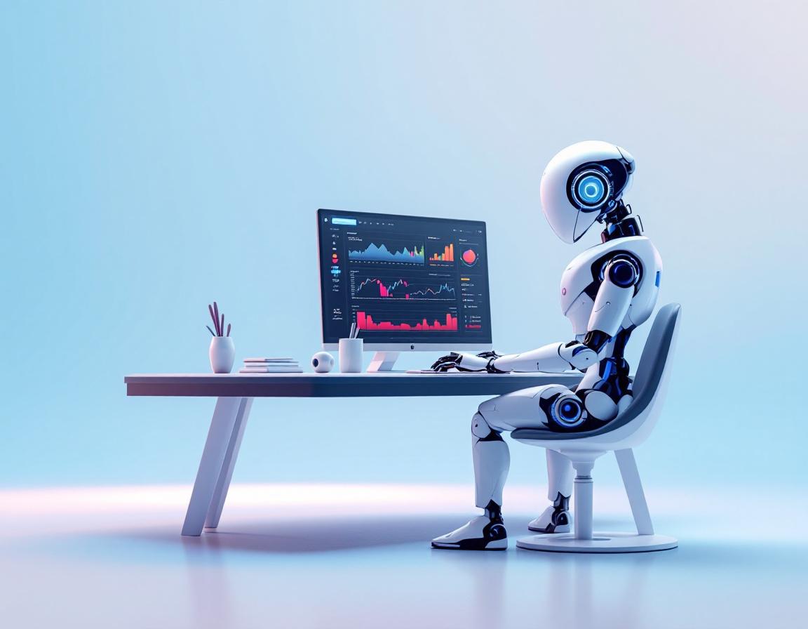 A hyper-realistic AI-powered trading bot analyzes market data in a futuristic financial environment.