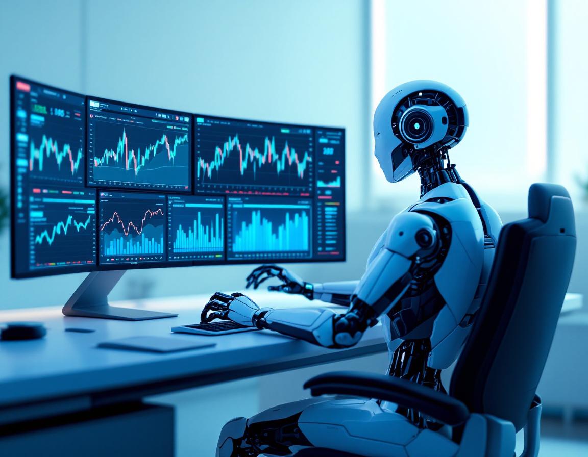 A hyper-realistic AI trading bot analyzes market data at a high-tech workstation displaying charts.