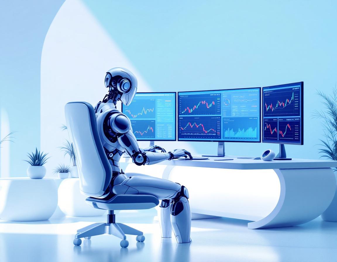 A humanoid AI trading bot at a high-tech workstation analyzing market data on multiple screens.