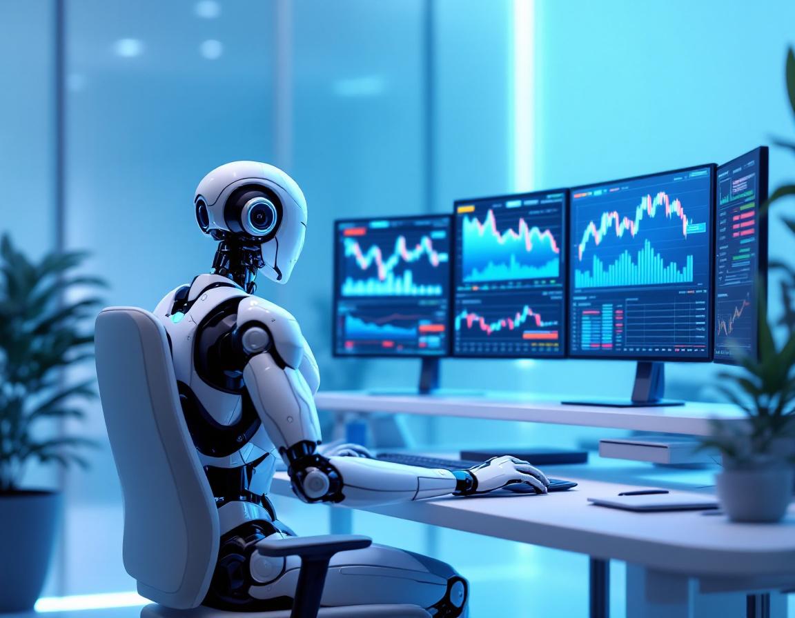 A hyper-realistic AI trading bot analyzes market data on multiple screens in a futuristic setting.